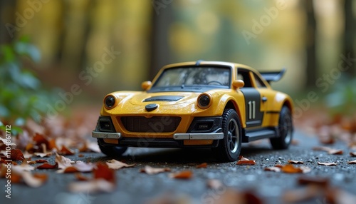 Small toy car on a road with leaves