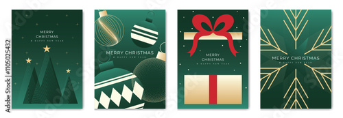 Merry Christmas and Happy New Year greeting card vector set. Luxury invitation with Christmas tree, bauble, gift, spot and line texture on green background. Design illustration for season's card, ads.