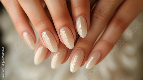 Closeup of a hand with nude-colored, almond-shaped nails.