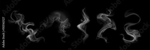 Smoke clouds set isolated on black background. Vector realistic illustration of abstract steam effect, hot dish or drink vapor, white fog or mist swirls, light smoky haze, hookah or cigarette trail