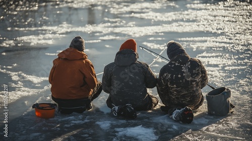 Ice Fishing in Late Winter: anglers patiently waiting for a catch amidst a frozen lake