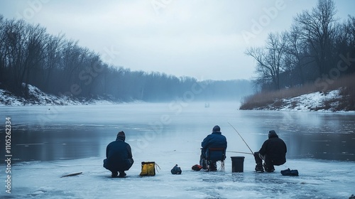 Ice Fishing in Late Winter: anglers patiently waiting for a catch amidst a frozen lake