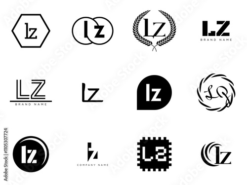 LZ logo company template. Letter l and z logotype. Set different classic serif lettering and modern bold text with design elements. Initial font typography.