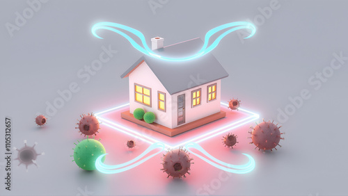 Energy Field Around Clean House: A 3D rendering of a home surrounded by a glowing energy field, with germs outside the boundary, symbolizing household germ protection.