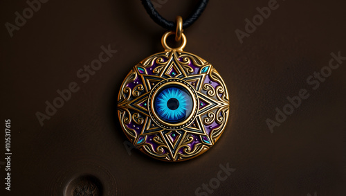 evil eye amulet, with intricate design and brilliant colors, on black leather cord, created with