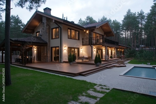 Modern house with outdoor pool and porch area in a forested setting during twilight hours