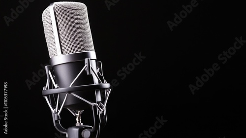 High-quality condenser microphone on a black background, ideal for recording music and podcasts, showcasing professional audio equipment.