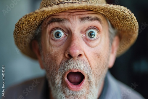 Close up of a surprised mature farmer with wide eyes and open mouth, expressing genuine amazement