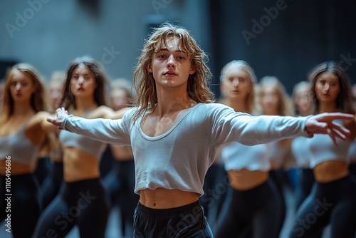 A choreographer directing a group of dancers in a modern studio. Generative AI