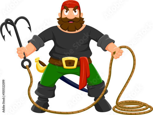 Cartoon pirate, corsair sailor funny character. Caribbean pirate sailor captain comical isolated vector character, filibuster boatswain personage or corsair bandit mascot with rope and boarding hook