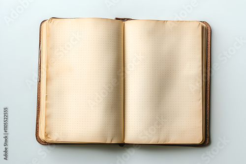 Old fashioned retro book spread open damaged stained paper with blank empty pages, antique opened book table top view, shot from above, object isolated on white background, cut out, nobody, no people