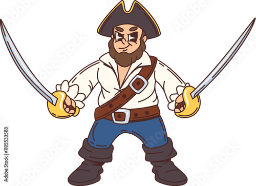 Cartoon pirate, filibuster sailor happy character. Filibuster bandit boatswain isolated vector personage, Caribbean pirate sailor captain funny character or corsair crew skipper mascot with two swords