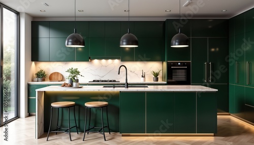 Modern kitchen interior with dark green lower cabinets, glossy black upper cabinets. White marble countertops, central island. Empty space. Stylish modern design features. Stylish dark green, black