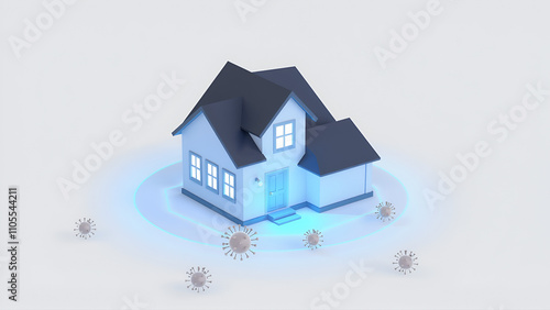 Energy Field Around Clean House: A 3D rendering of a home surrounded by a glowing energy field, with germs outside the boundary, symbolizing household germ protection.