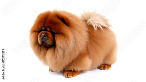 A beautiful fluffy Chow Chow dog with a thick double coat sits alone on a white isolated background, showcasing its distinctive furry features.