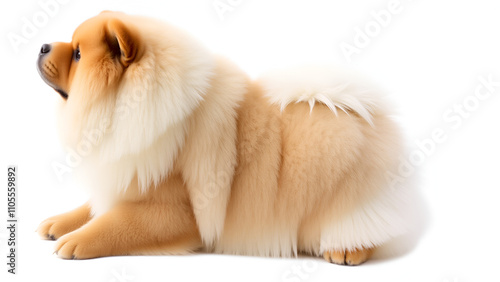 A beautiful fluffy Chow Chow dog with a thick double coat sits alone on a white isolated background, showcasing its distinctive furry features.