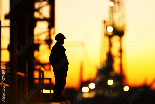 Silhouette of a driller against the backdrop of a drilling rig