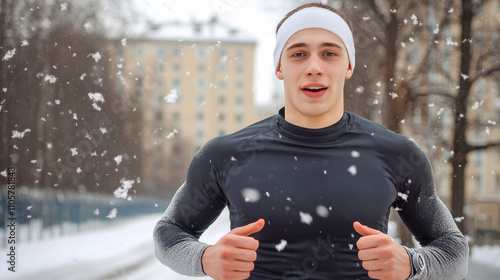 young man running in snow, wearing headband and athletic gear, exuding determination and energy