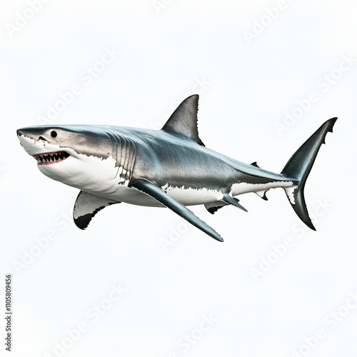 A scientific-style photograph of a great white shark in a lateral view, set against a pure white background. 