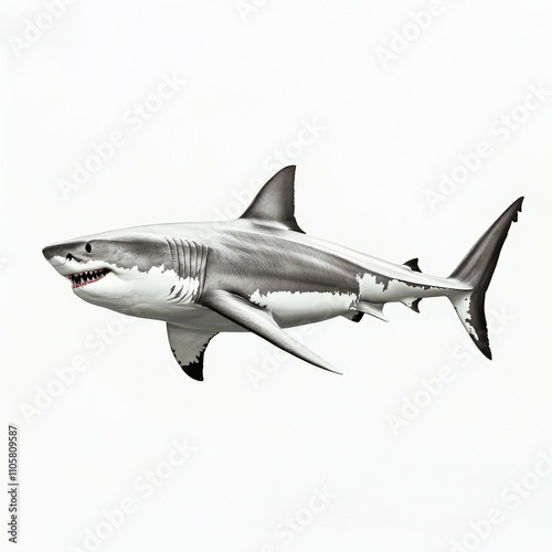 A scientific-style photograph of a great white shark in a lateral view, set against a pure white background. 