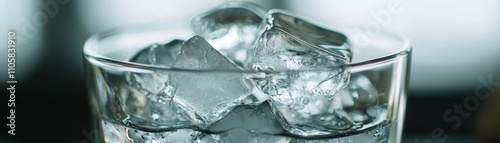 Close-up of clear ice cubes in a glass, enhancing any beverage with a refreshing, cool appearance.