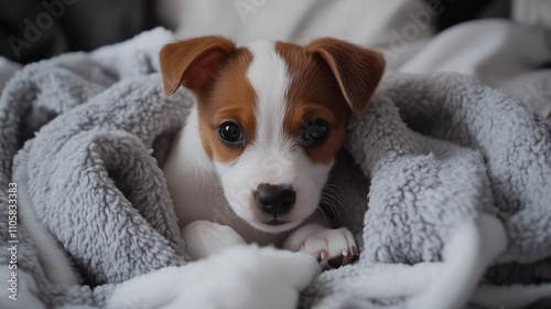 Szczeniak Jack Russell, komfortowo otulony miękkim kocem, leży zrelaksowany,