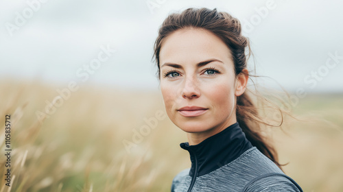 Młoda kobieta w sportowym stroju, z pewnym siebie spojrzeniem, uchwycona po treningu biegowym, emanuje siłą, wytrwałością i gotowością na kolejne wyzwania.