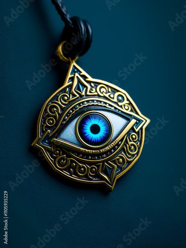 evil eye amulet, with intricate design and brilliant colors, on black leather cord, created with