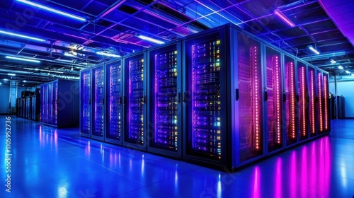 Futuristic Data Center with Colorful LED Lights and Server Racks