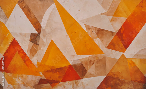 Painting with triangles and squares in orange and white. The triangles are in different sizes and orientations