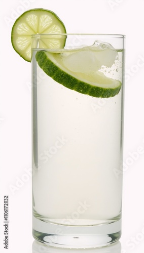 Isolated close-up of gin tonic with cucumber against white background