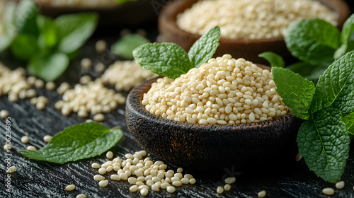 Artistic Exploration of Sesame Seeds and Fresh Leaves on a Rustic Wooden Tabletop Capturing Balance