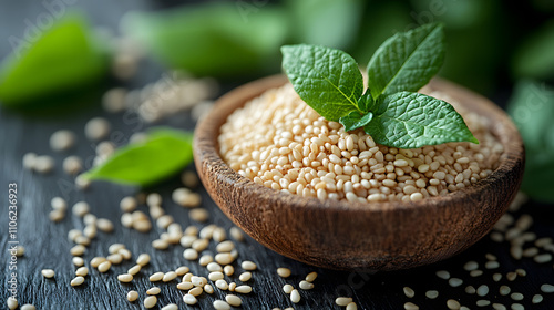 Artistic Exploration of Sesame Seeds and Fresh Leaves on a Rustic Wooden Tabletop Capturing Balance