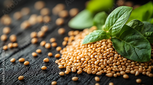 Artistic Exploration of Sesame Seeds and Fresh Leaves on a Rustic Wooden Tabletop Capturing Balance