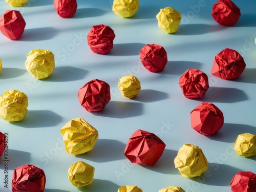 Yellow and red crumpled paper on blue background copy space.