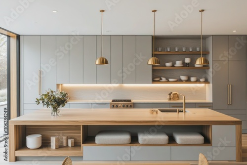 A minimalist kitchen with light gray cabinetry, soft recessed lighting, and a large wooden island with integrated seating, featuring geometric shelving and brass pendant lights.