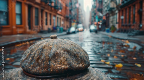 Wet cobblestone street, autumn leaves, newsboy cap statue in focus.