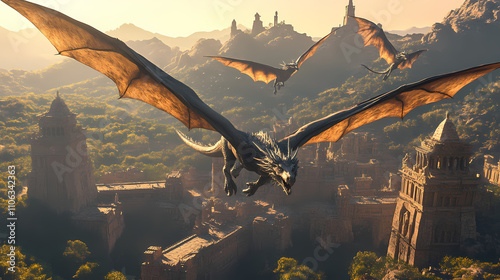 Legendary dragons soaring above ancient kingdoms, their power unmatched and revered. Draconic. Illustration