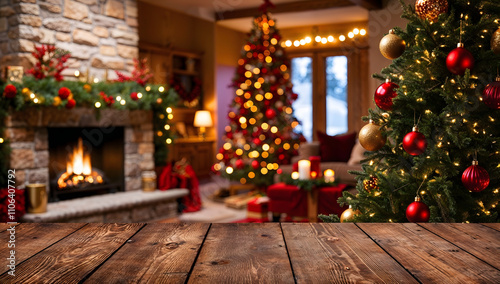 Holiday able with christmas tree and fireplace with copy space. Christmas table, free space.