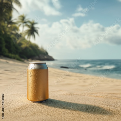 Can in paradisiacal beach, without a label, mockup