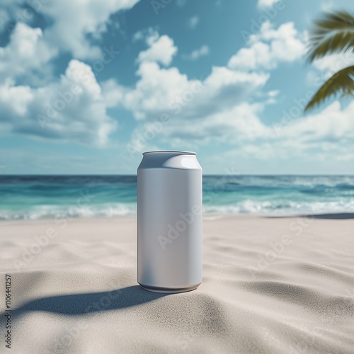 Can in paradisiacal beach, without a label, mockup