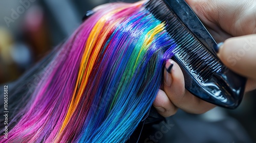 A hairdresser dyes a woman's hair multiple colors, creating a rainbow effect.