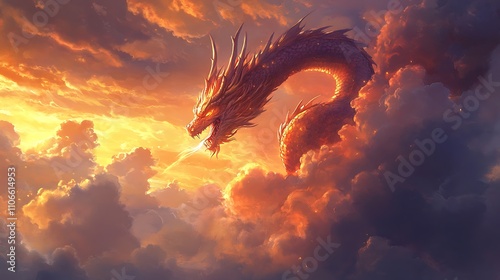 Majestic dragon amidst fiery sunset clouds.