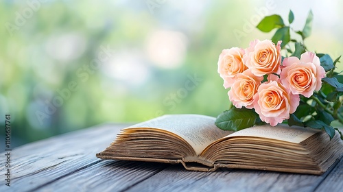 An old weathered book rests open on a wooden table, its yellowed pages fluttering slightly in the breeze