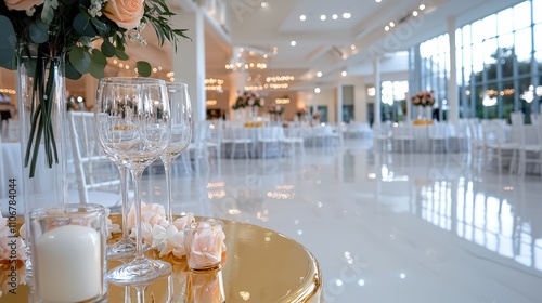 Elegant Wedding Reception Venue Golden Table Wine Glasses Flowers