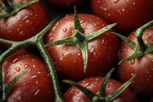 A close-up of vibrant red tomatoes with fresh green stems isolated in a tight overlapping