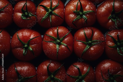 A close-up of vibrant red tomatoes with fresh green stems isolated in a tight overlapping