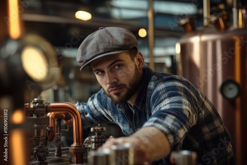 Craft brewery worker industrial equipment copper pipes flannel shirt newsboy cap warm