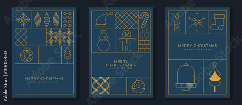 Merry Christmas and Happy New Year greeting card vector set. Luxury invitation with Christmas tree, snowman, gingerbread, line art on navy blue background. Design illustration for season's card, ads.