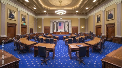 United States Senate Committee Hearing Room with Seal and Lectern in Washington, DC